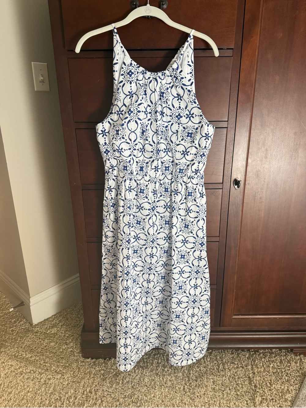 J. Crew White and Blue Patterned Midi Sundress